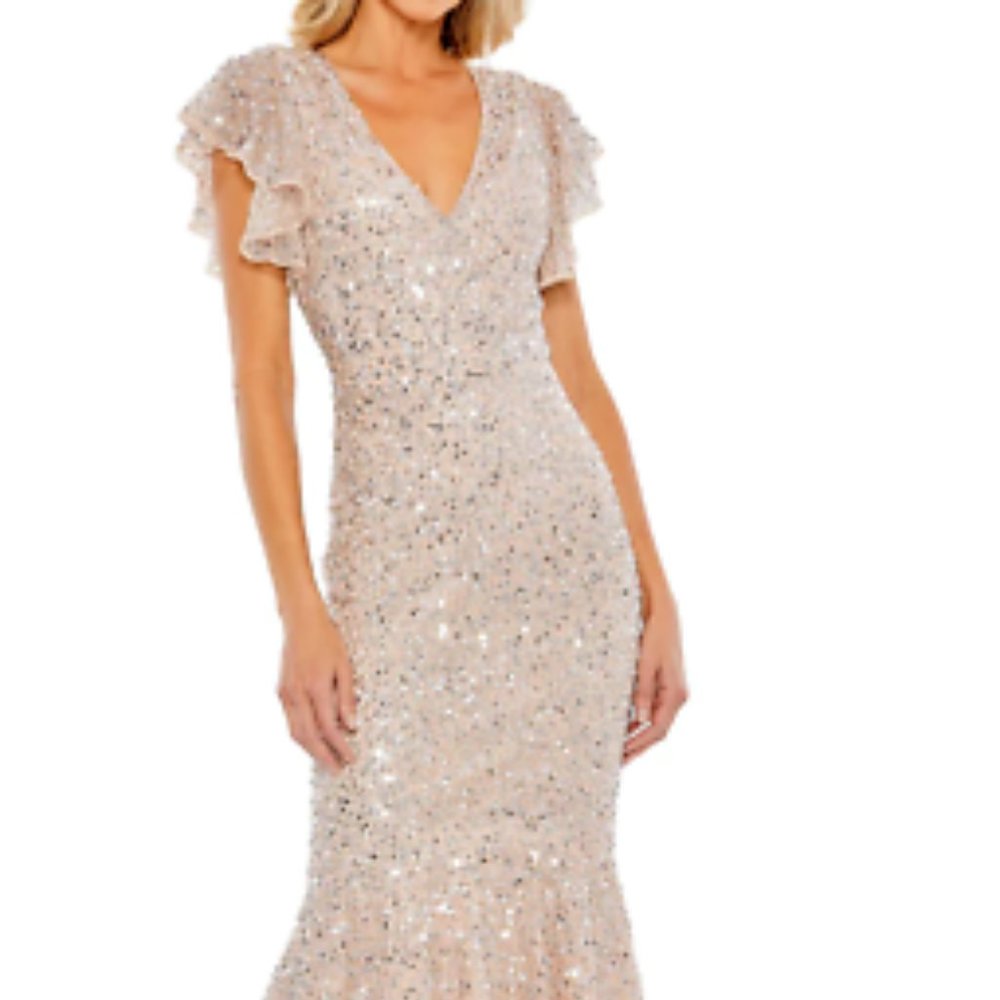 MAC DUGGAL 10801 SEQUINED V-NECK FLUTTER SLEEVE NUDE/SILVER MIDI TRUMPET DRESS 6